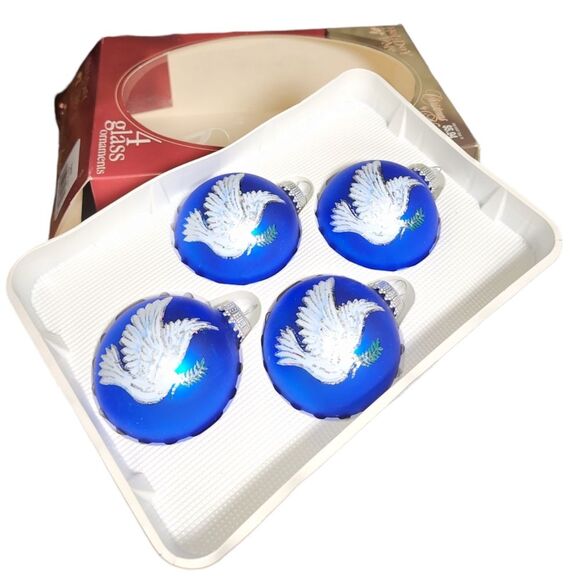 Vintage Christmas By Krebs Holiday Time 4pc Blue Peace Dove Glass Ball Ornaments - Picture 2 of 13